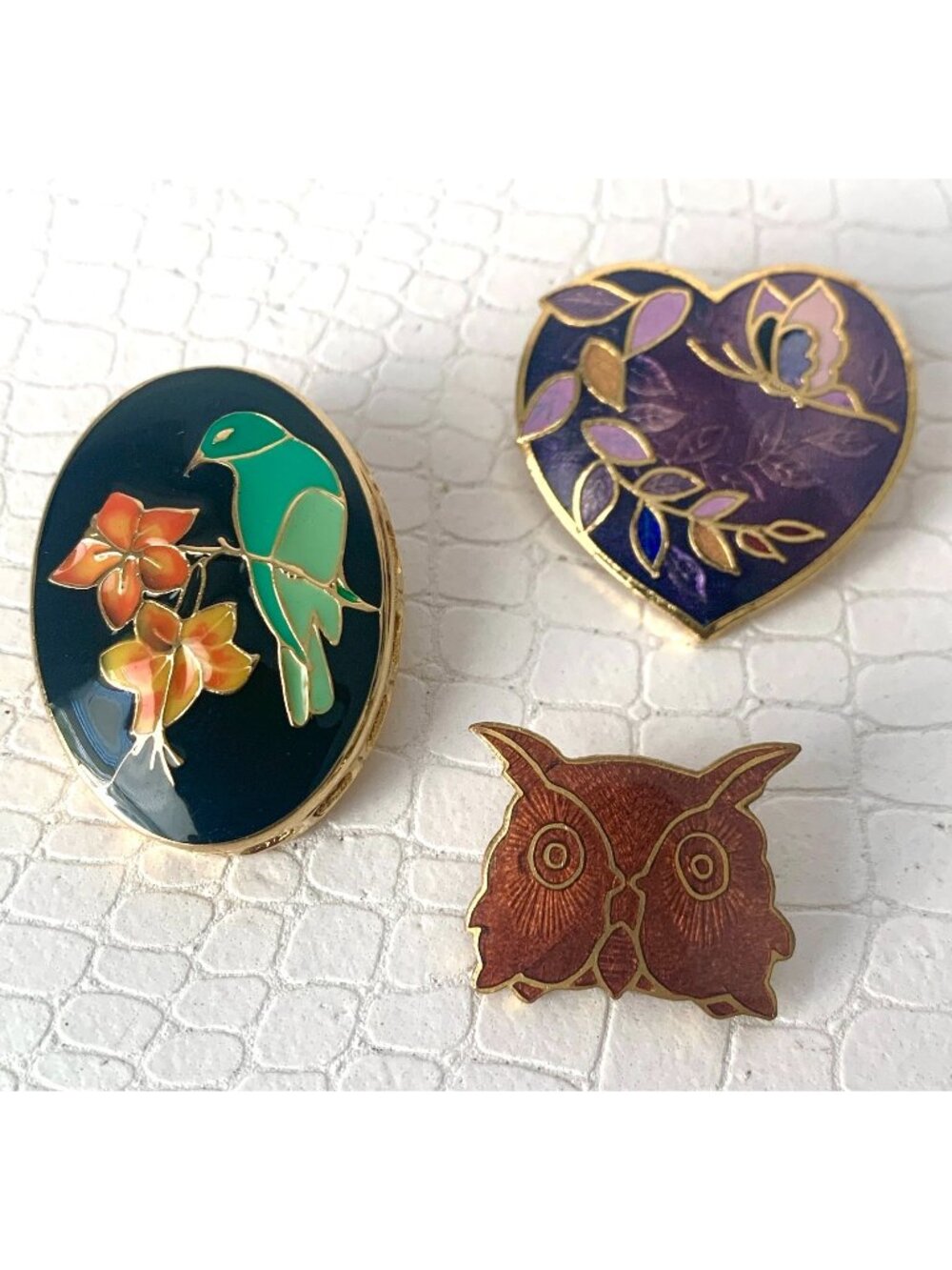 3 Vintage Cloisonne Pins Brooch Owl Bird Butterfly Enamel
